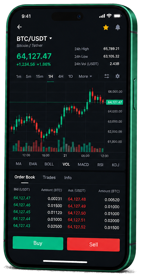 Mobiele handelsinterface van Vasterbaat — live BTC/USDT-grafiek met orderboek en functies voor kopen en verkopen